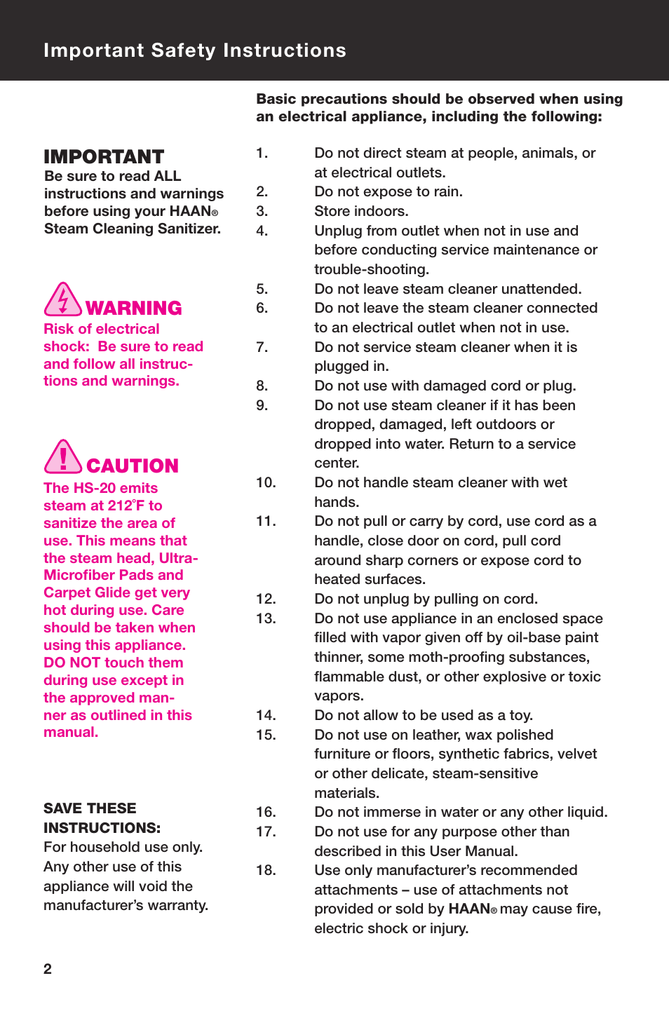 Important safety instructions important, Caution, Warning | Haan ALLPRO HS-20 User Manual | Page 4 / 16