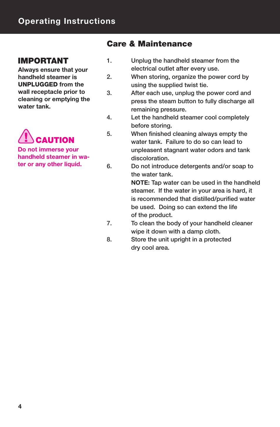Operating instructions care & maintenance, Important, Caution | Haan ALLPRO HS-20 User Manual | Page 6 / 16