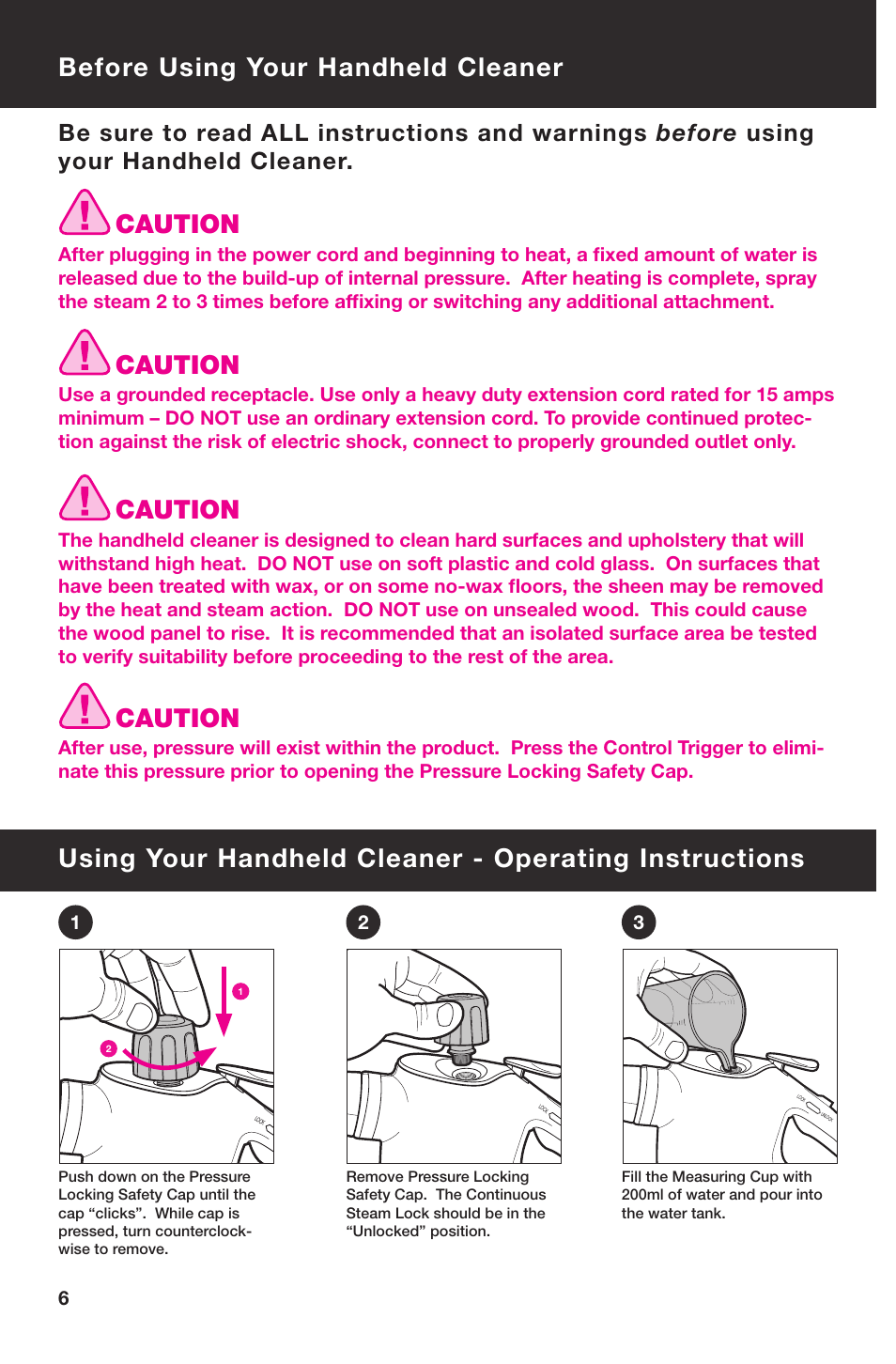 Before using your handheld cleaner, Caution | Haan ALLPRO HS-20 User Manual | Page 8 / 16