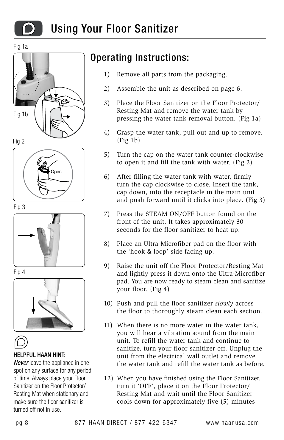 Using your floor sanitizer, Operating instructions | Haan Floor Sanitizer SI-35 User Manual | Page 10 / 23