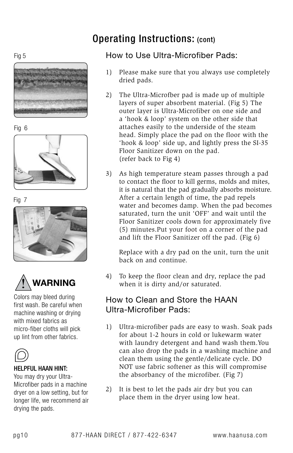 Operating instructions, Warning, How to use ultra-microfiber pads | Haan Floor Sanitizer SI-35 User Manual | Page 12 / 23
