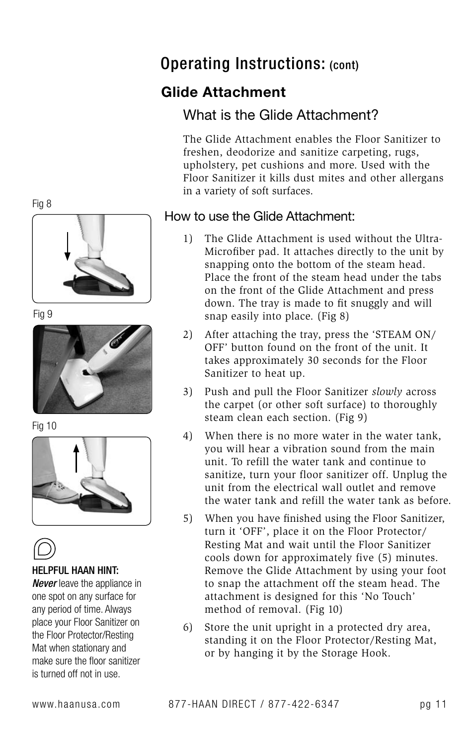 Operating instructions, Glide attachment what is the glide attachment, How to use the glide attachment | Haan Floor Sanitizer SI-35 User Manual | Page 13 / 23