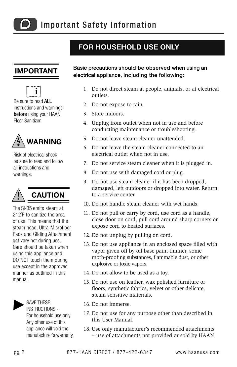 Important safety information, For household use only, Important | Caution, Warning | Haan Floor Sanitizer SI-35 User Manual | Page 4 / 23