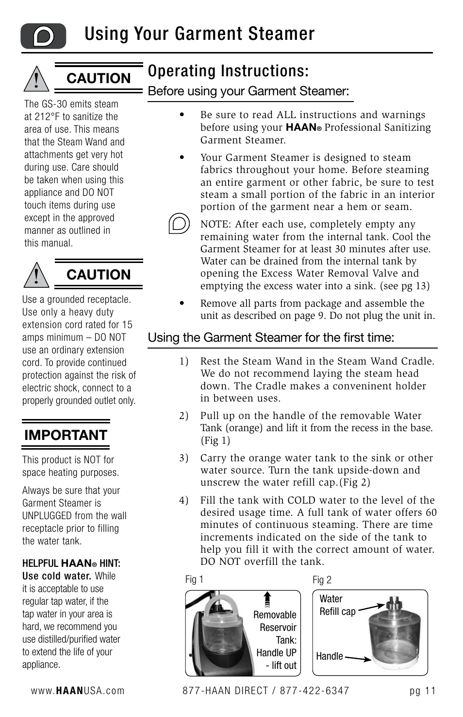 Using your garment steamer, Operating instructions, Caution | Caution important, Before using your garment steamer, Using the garment steamer for the first time | Haan GS-30 User Manual | Page 13 / 30