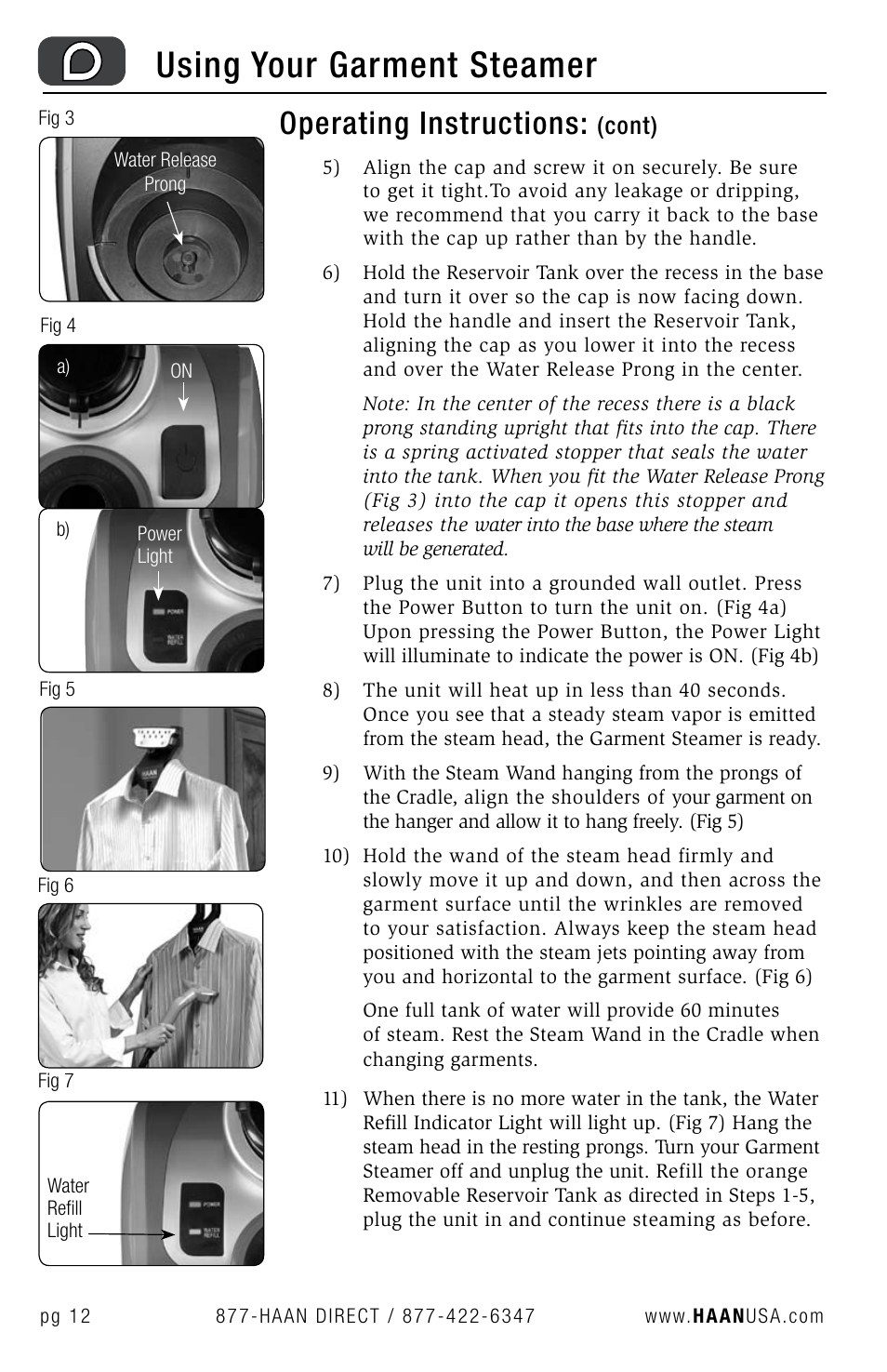 Using your garment steamer, Operating instructions, Cont) | Haan GS-30 User Manual | Page 14 / 30
