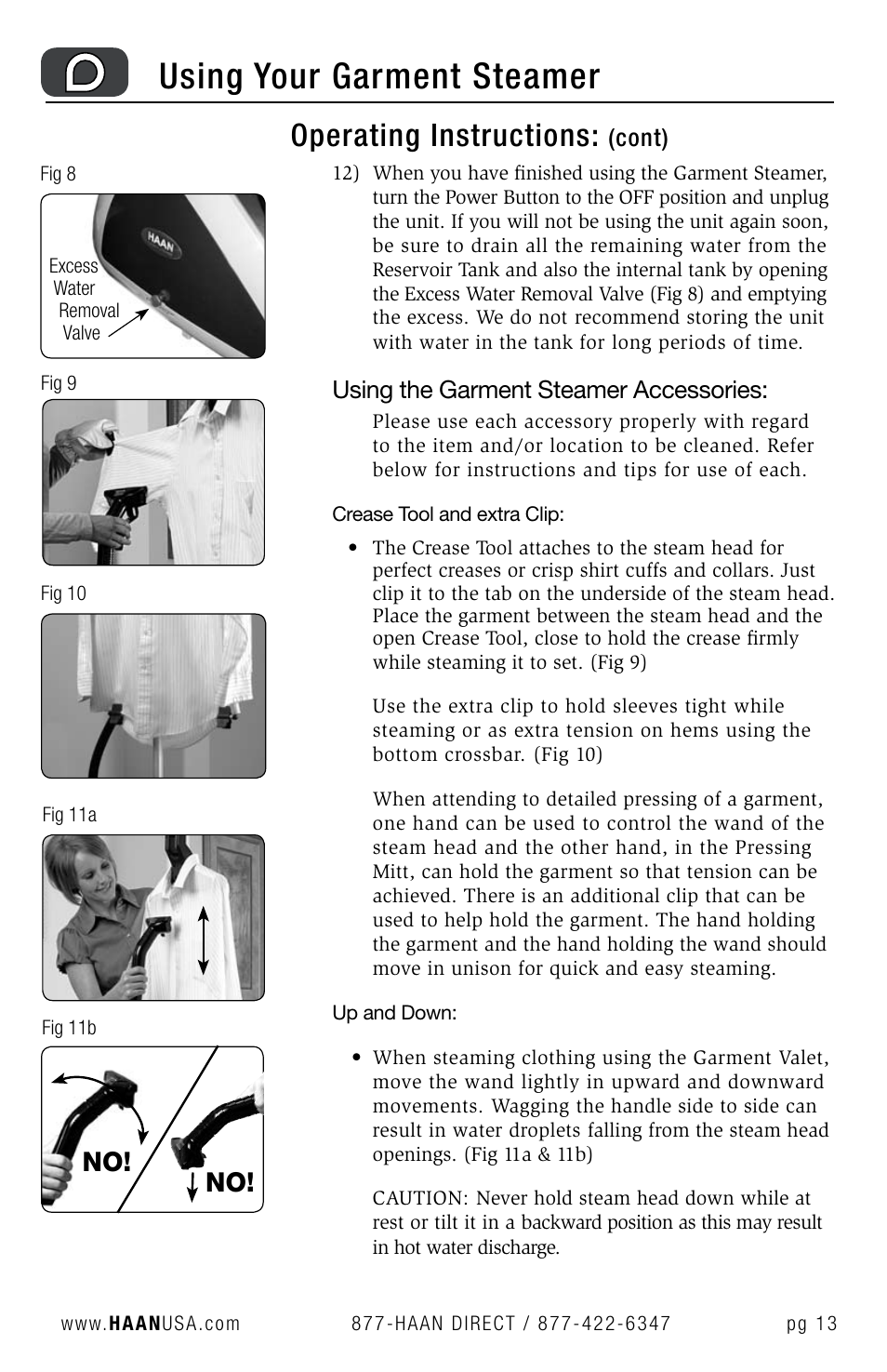 Using your garment steamer, Operating instructions, Cont) | Using the garment steamer accessories | Haan GS-30 User Manual | Page 15 / 30