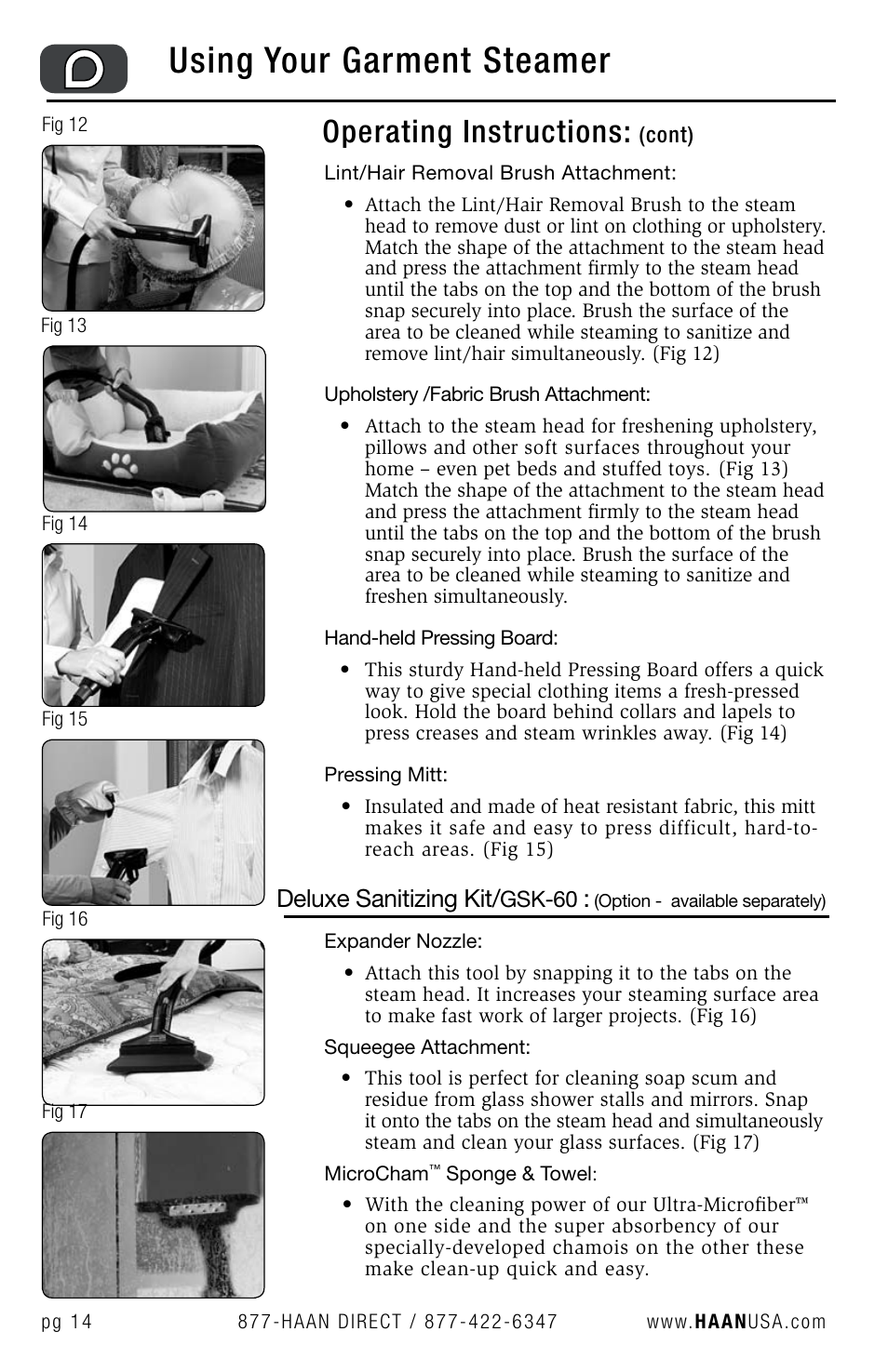 Using your garment steamer, Operating instructions, Deluxe sanitizing kit | Haan GS-30 User Manual | Page 16 / 30