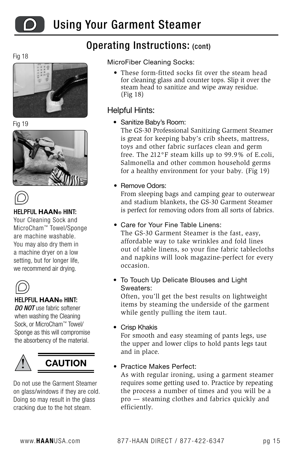 Using your garment steamer, Operating instructions, Caution | Helpful hints | Haan GS-30 User Manual | Page 17 / 30