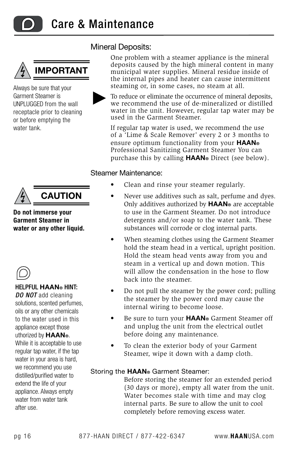 Care & maintenance, Important, Caution | Mineral deposits | Haan GS-30 User Manual | Page 18 / 30