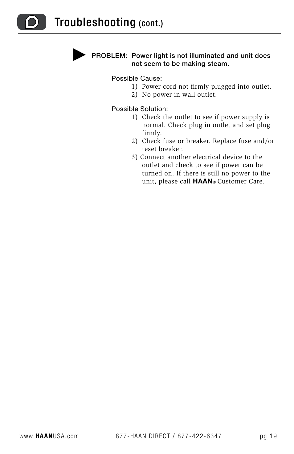 Troubleshooting, Cont.) | Haan GS-30 User Manual | Page 21 / 30