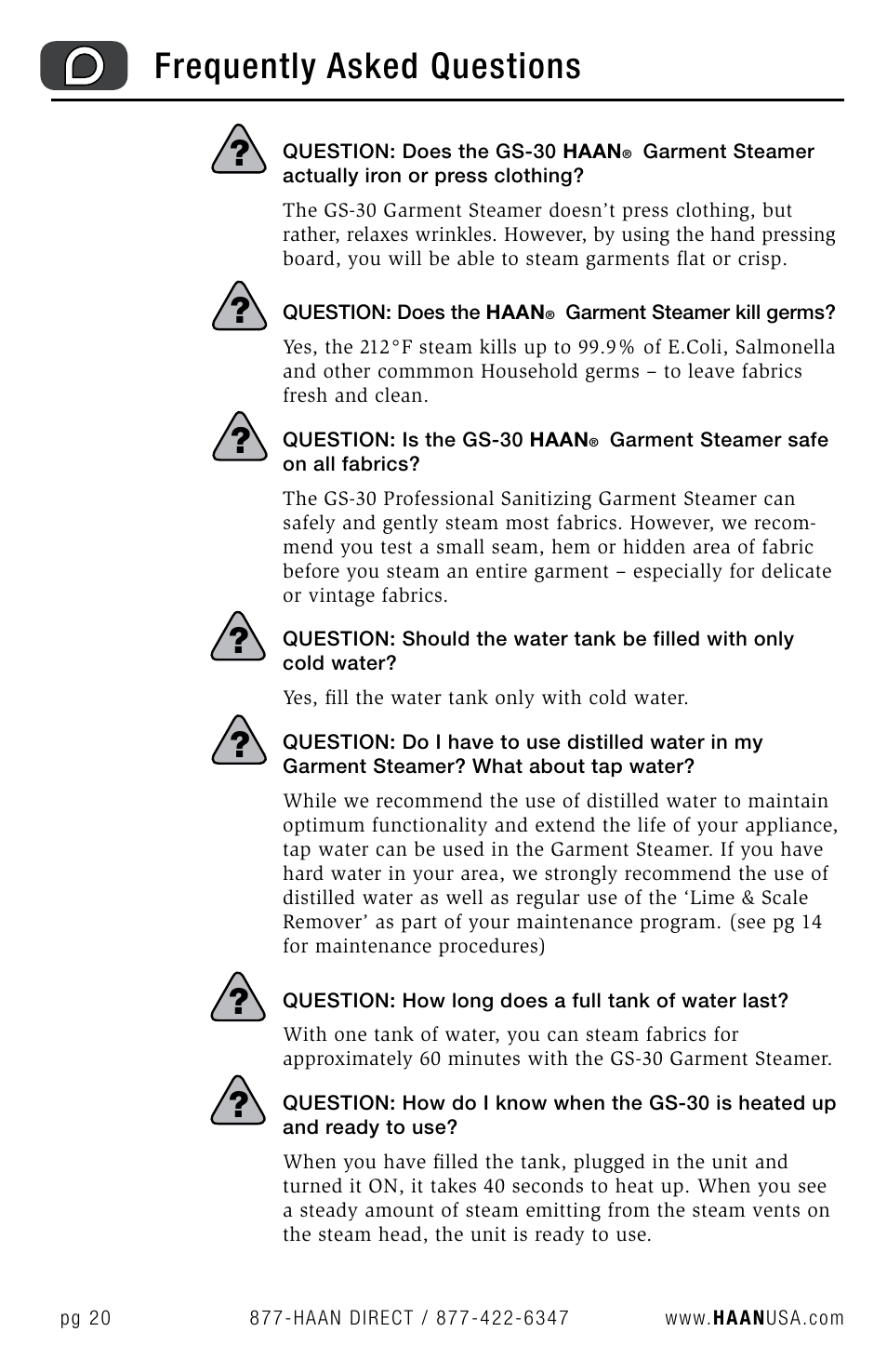 Frequently asked questions | Haan GS-30 User Manual | Page 22 / 30