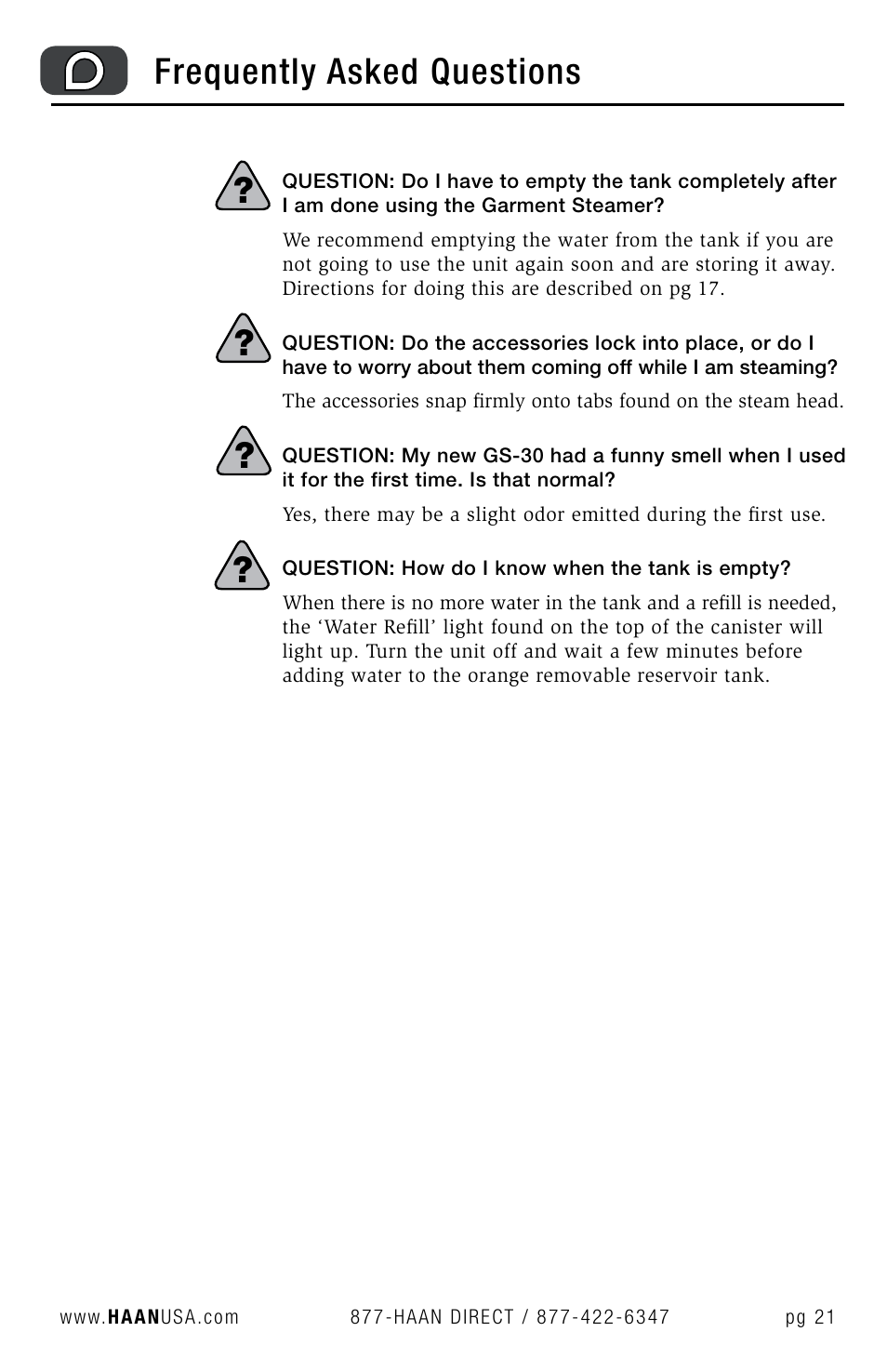 Frequently asked questions | Haan GS-30 User Manual | Page 23 / 30