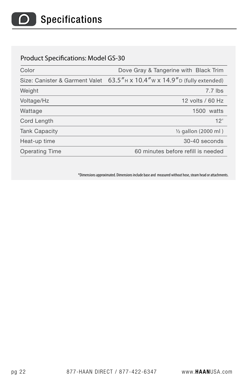 Specifications, Product specifications: model gs-30, X 10.4 | X 14.9 | Haan GS-30 User Manual | Page 24 / 30