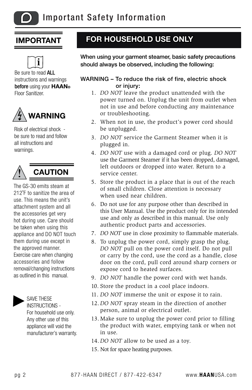 Important safety information, For household use only, Important | Caution, Warning | Haan GS-30 User Manual | Page 4 / 30