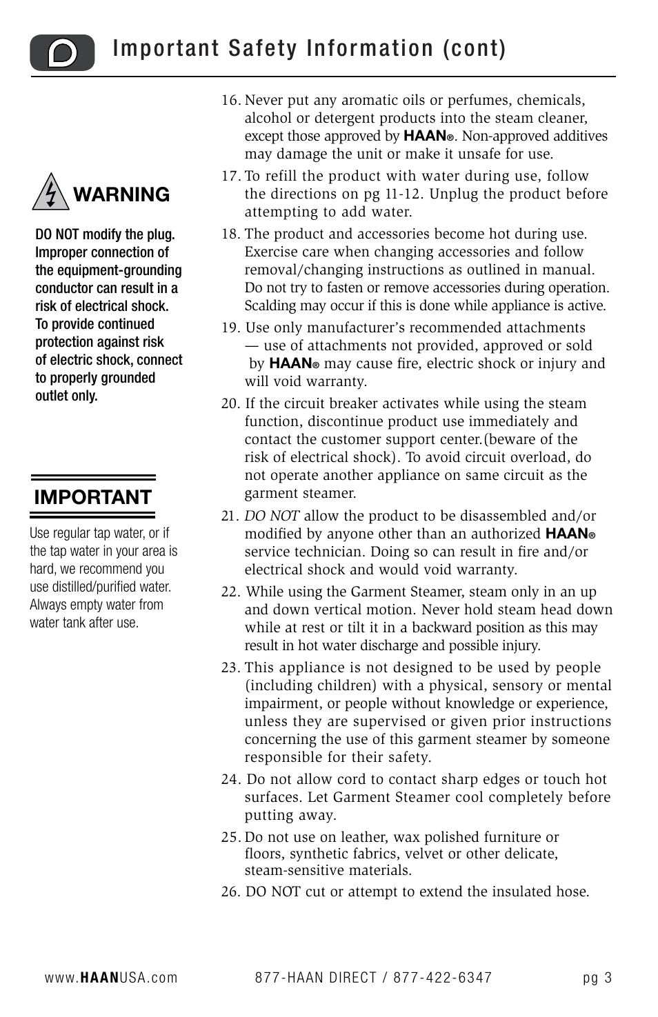 Important safety information (cont), Warning, Important | Haan GS-30 User Manual | Page 5 / 30