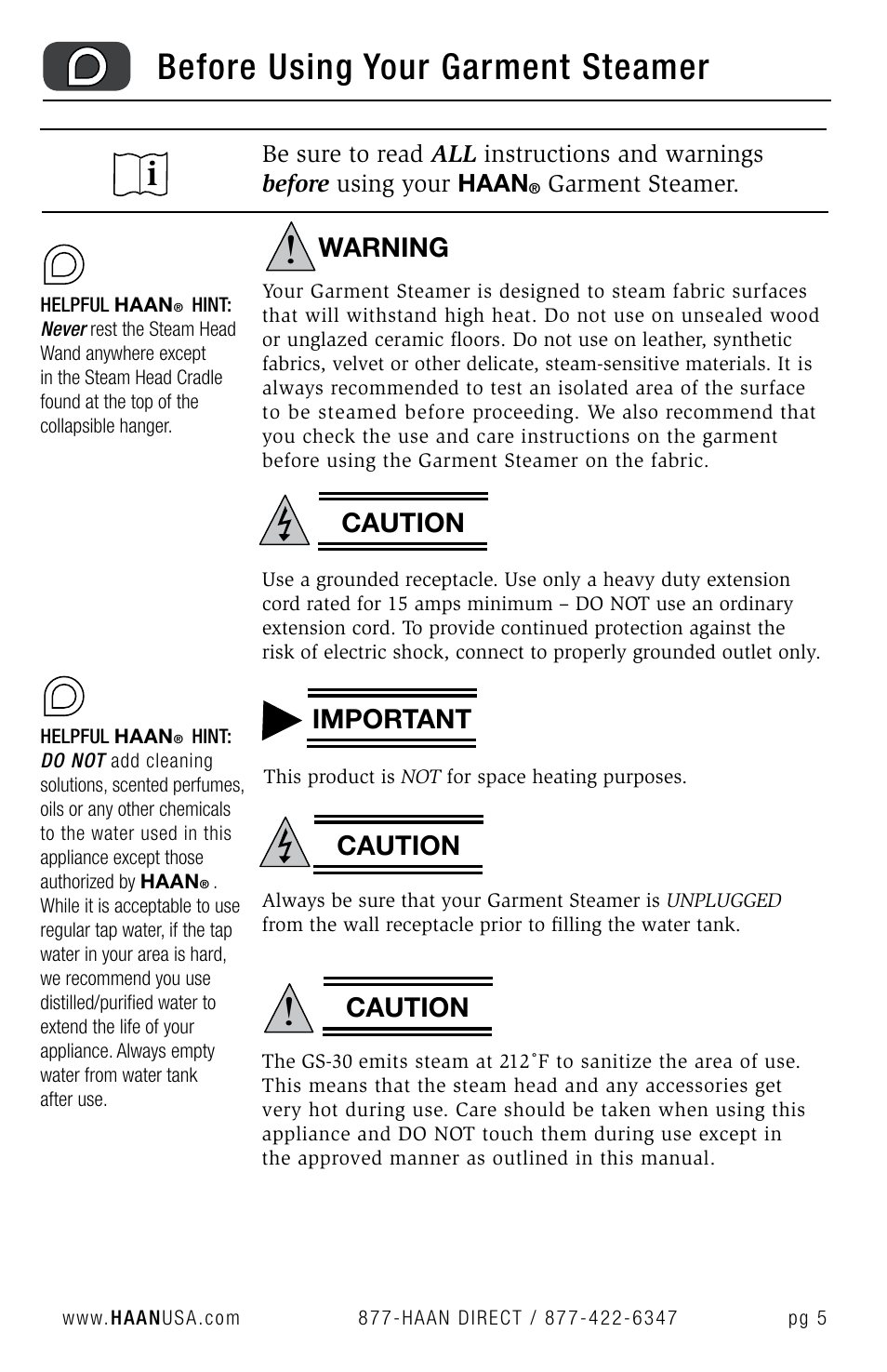 Before using your garment steamer | Haan GS-30 User Manual | Page 7 / 30