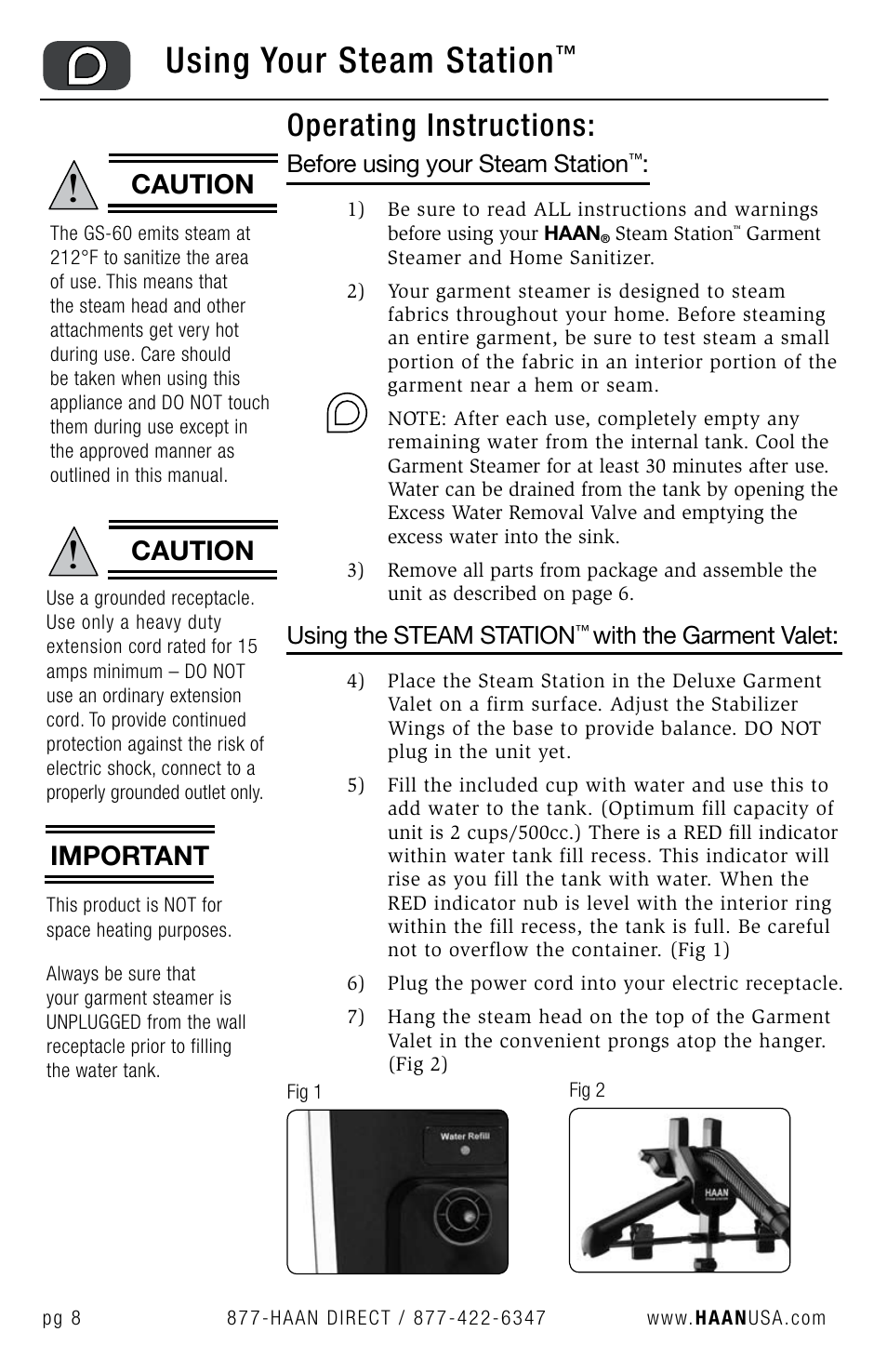 Using your steam station, Operating instructions, Caution | Caution important, Before using your steam station, Using the steam station, With the garment valet | Haan STEAM STATION GS-60 User Manual | Page 10 / 26