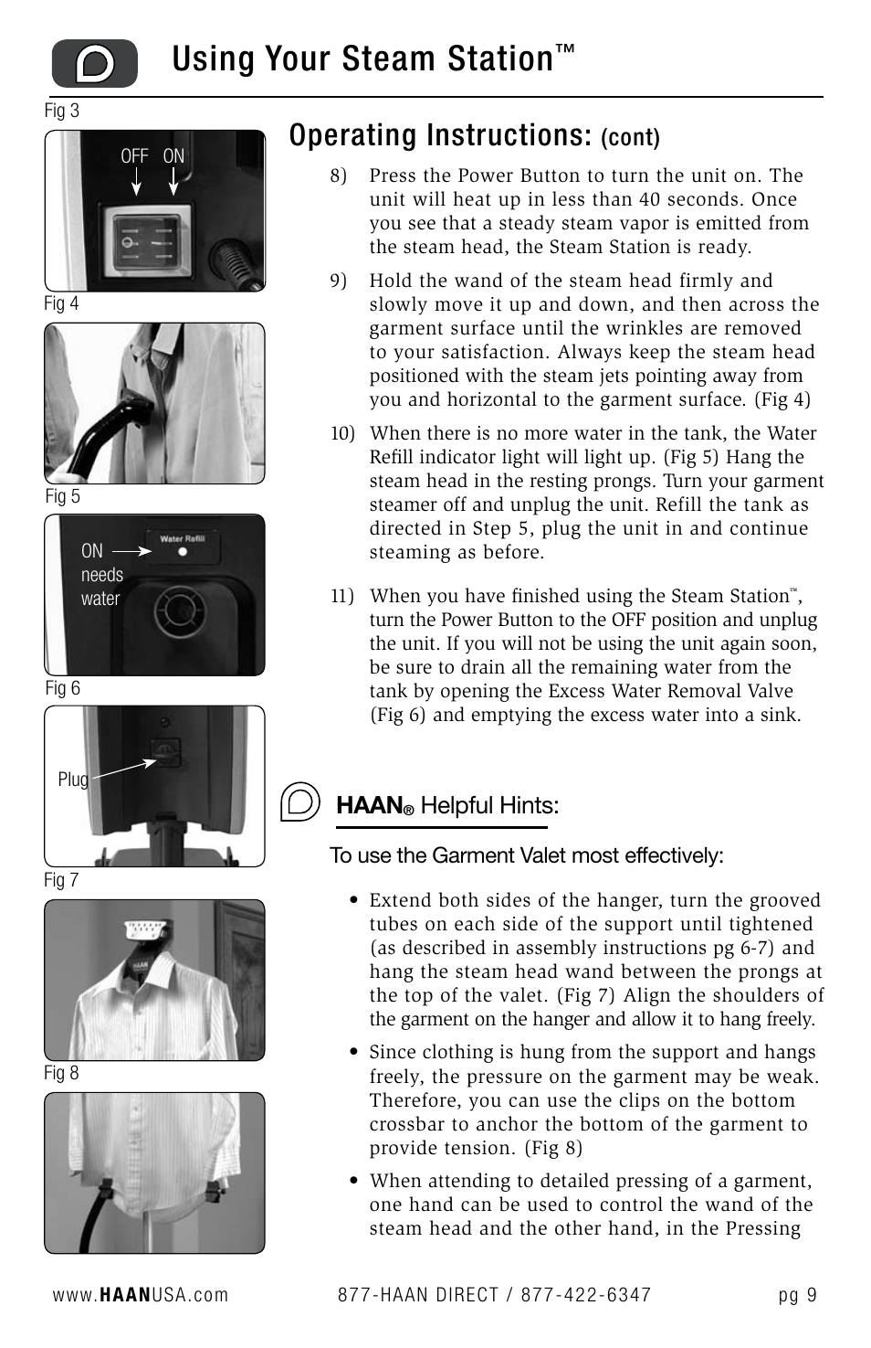 Using your steam station, Operating instructions, Haan | Helpful hints, Cont) | Haan STEAM STATION GS-60 User Manual | Page 11 / 26