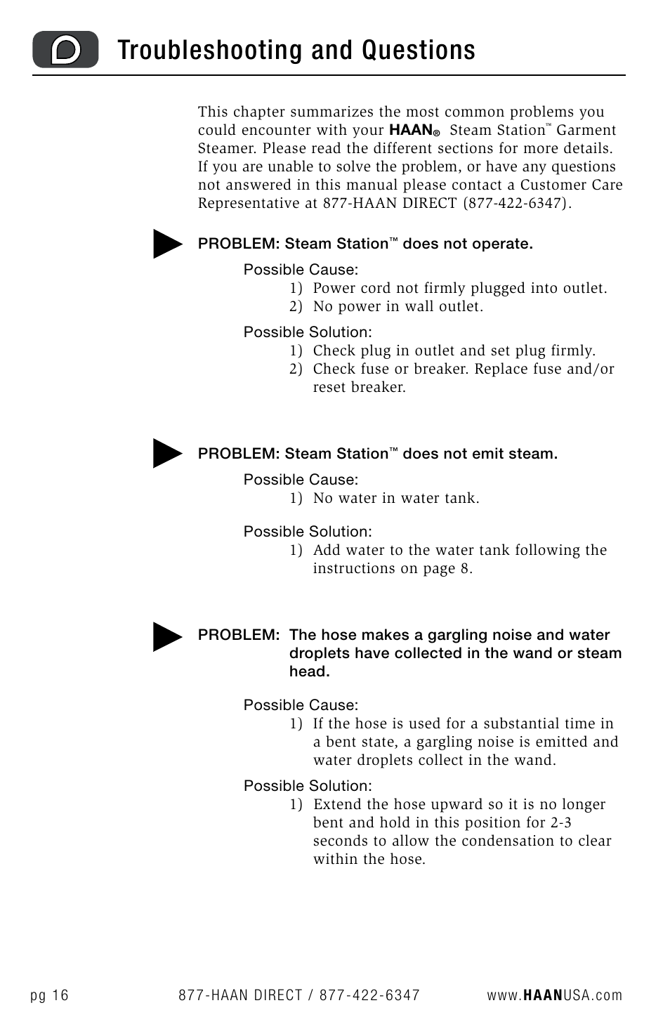 Troubleshooting and questions | Haan STEAM STATION GS-60 User Manual | Page 18 / 26