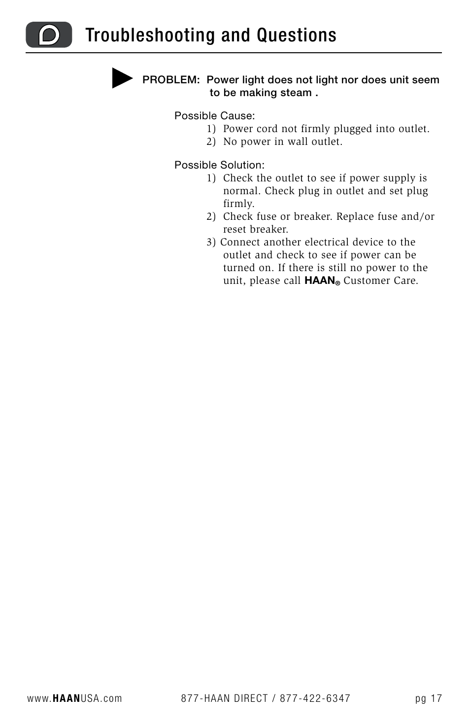 Troubleshooting and questions | Haan STEAM STATION GS-60 User Manual | Page 19 / 26