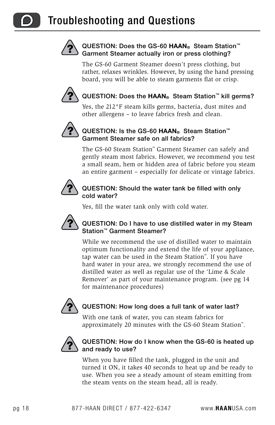 Troubleshooting and questions | Haan STEAM STATION GS-60 User Manual | Page 20 / 26