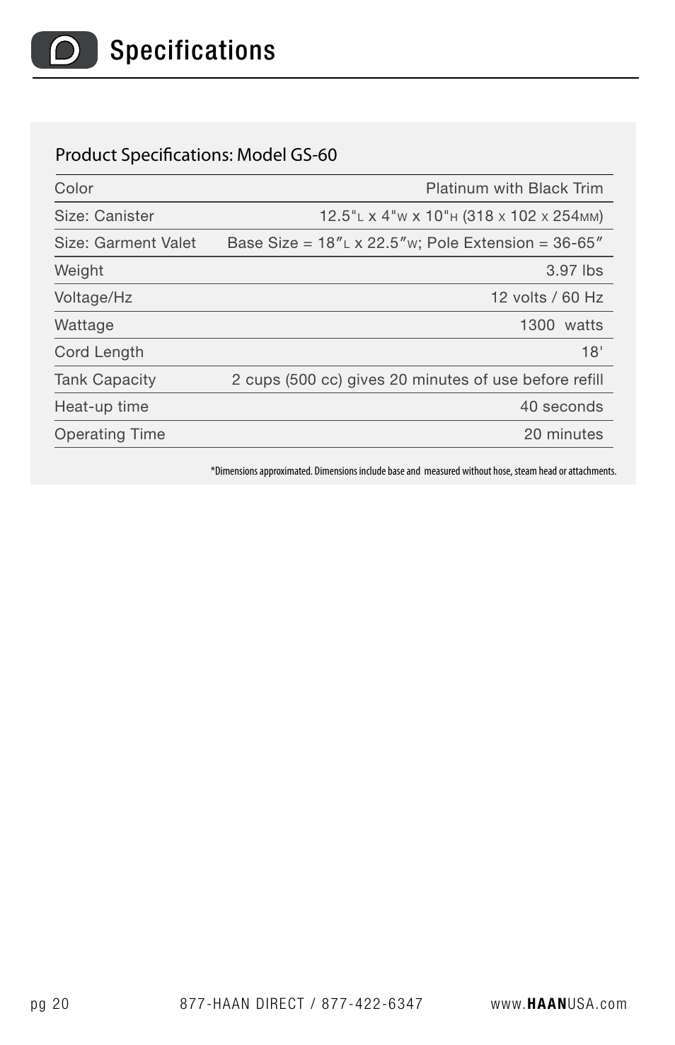 Specifications, Product specifications: model gs-60 | Haan STEAM STATION GS-60 User Manual | Page 22 / 26