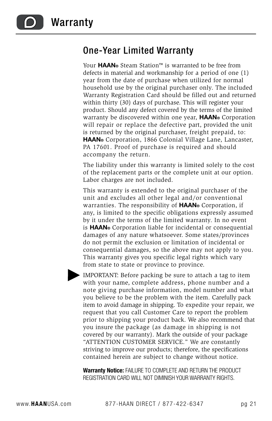 Warranty, One-year limited warranty | Haan STEAM STATION GS-60 User Manual | Page 23 / 26