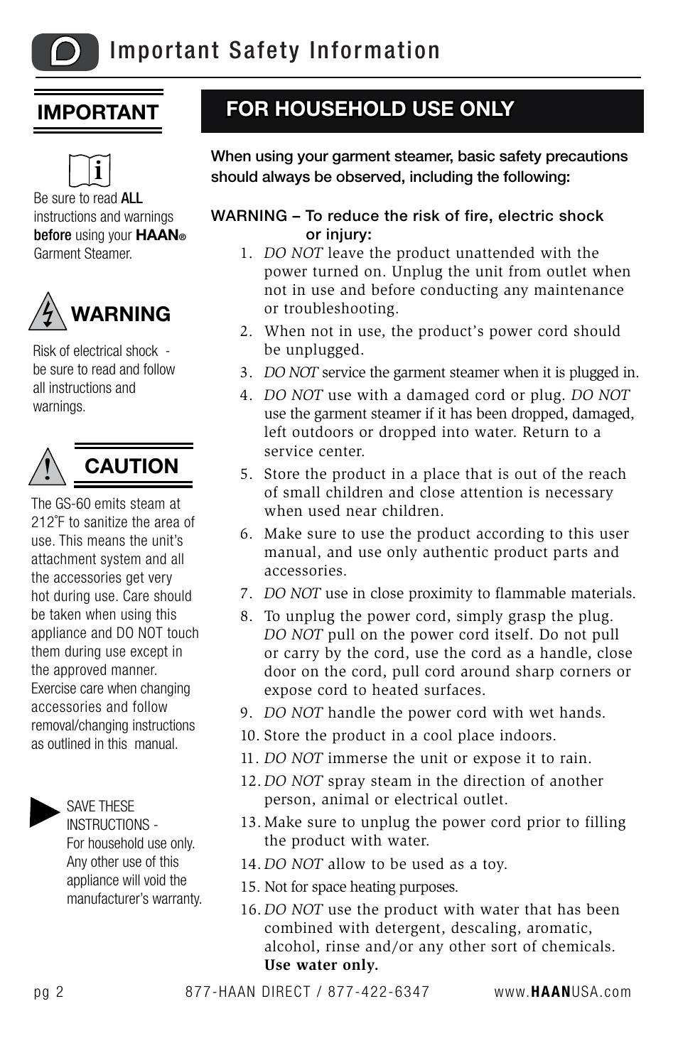 Important safety information, For household use only, Important | Caution, Warning | Haan STEAM STATION GS-60 User Manual | Page 4 / 26