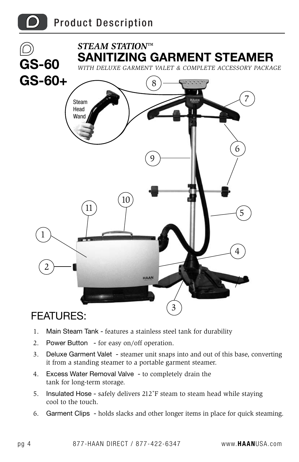 Gs-60 gs-60, Sanitizing garment steamer, Product description | Features | Haan STEAM STATION GS-60 User Manual | Page 6 / 26