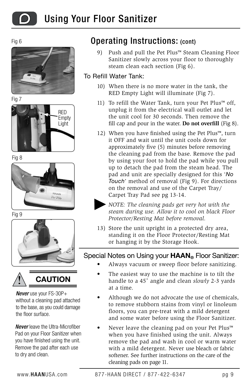 Using your floor sanitizer, Operating instructions, Caution | Floor sanitizer | Haan FS-30P+ User Manual | Page 11 / 31