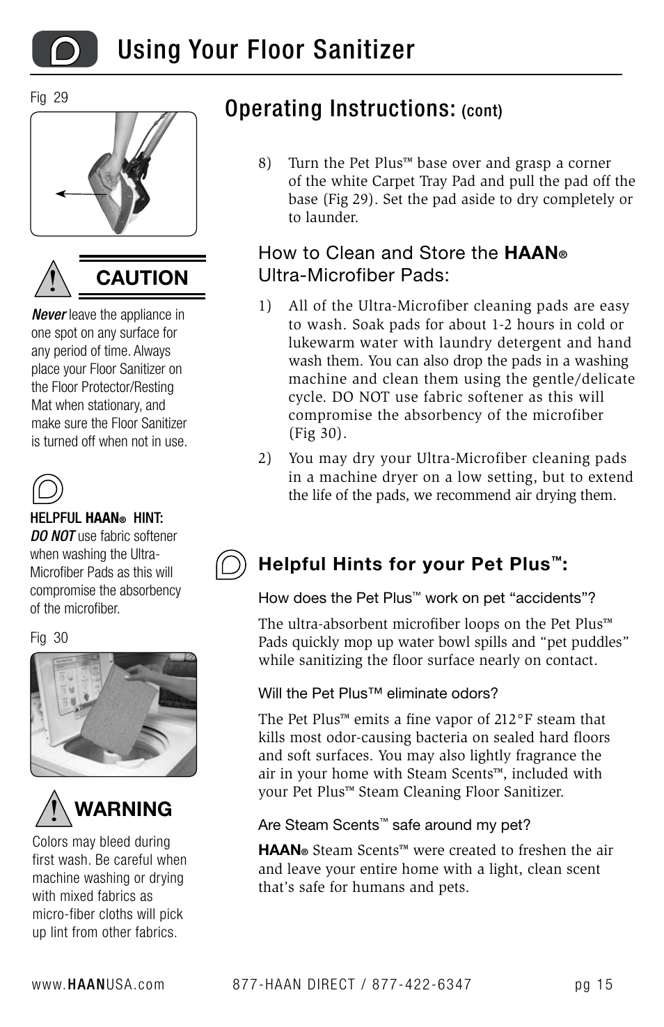 Using your floor sanitizer, Operating instructions, Warning | Caution, How to clean and store the haan, Ultra-microfiber pads, Helpful hints for your pet plus | Haan FS-30P+ User Manual | Page 17 / 31