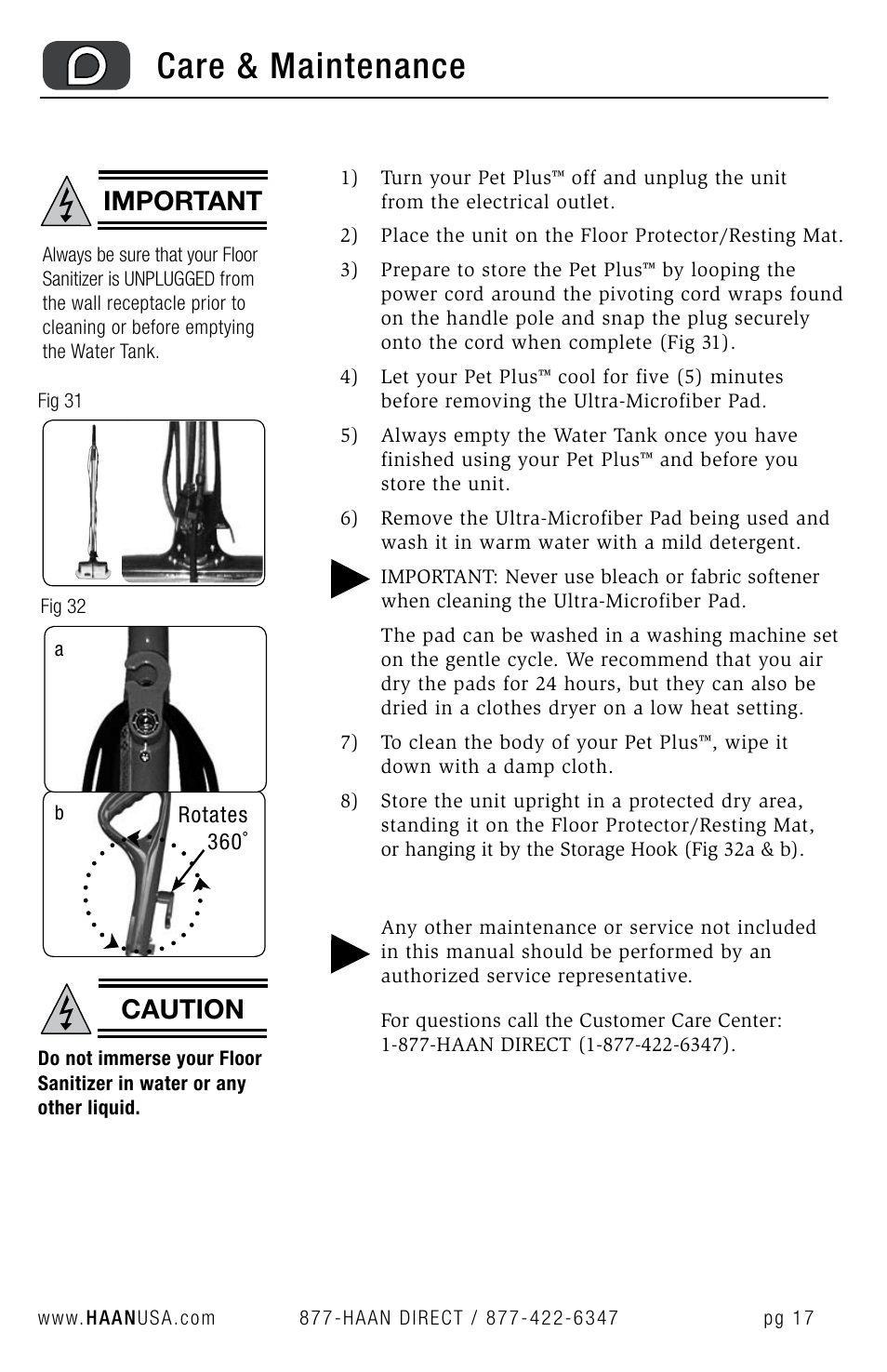 Care & maintenance, Important, Caution | Haan FS-30P+ User Manual | Page 19 / 31