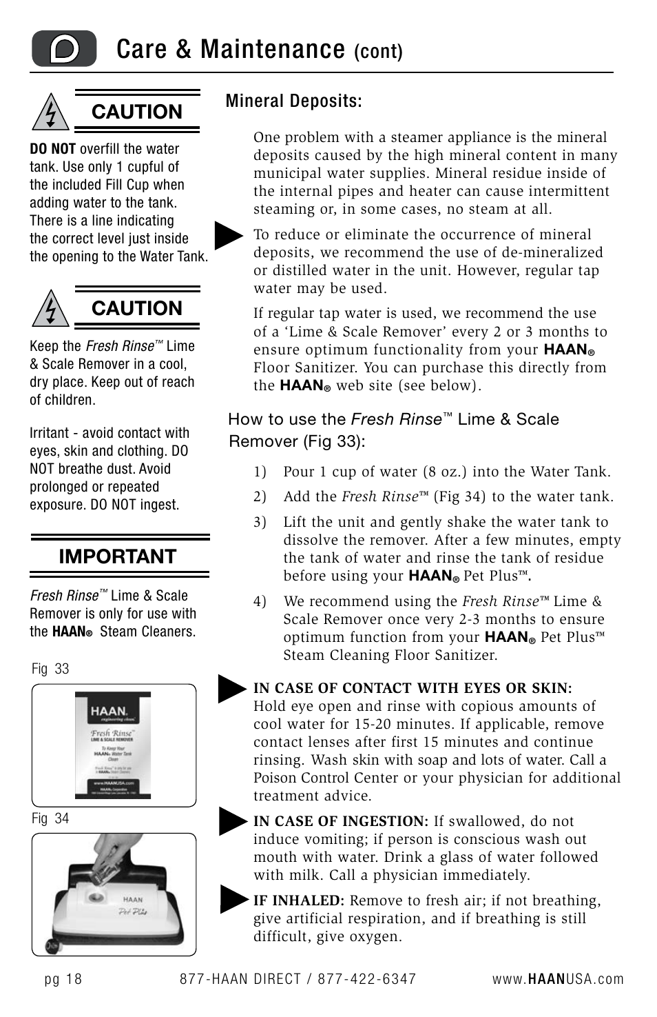 Care & maintenance, Cont), Caution | Important, Mineral deposits | Haan FS-30P+ User Manual | Page 20 / 31