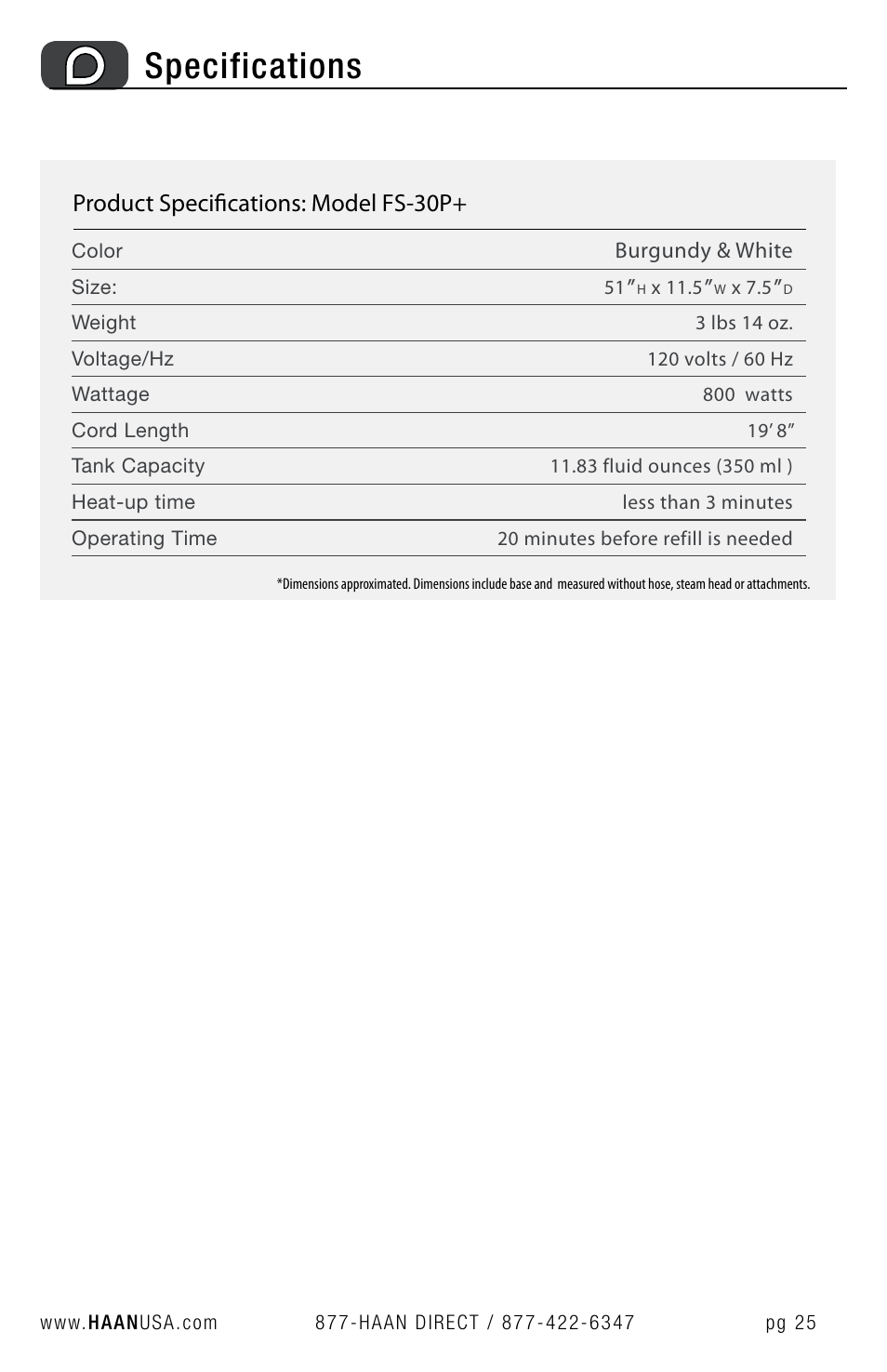 Specifications, Product specifications: model fs-30p | Haan FS-30P+ User Manual | Page 27 / 31