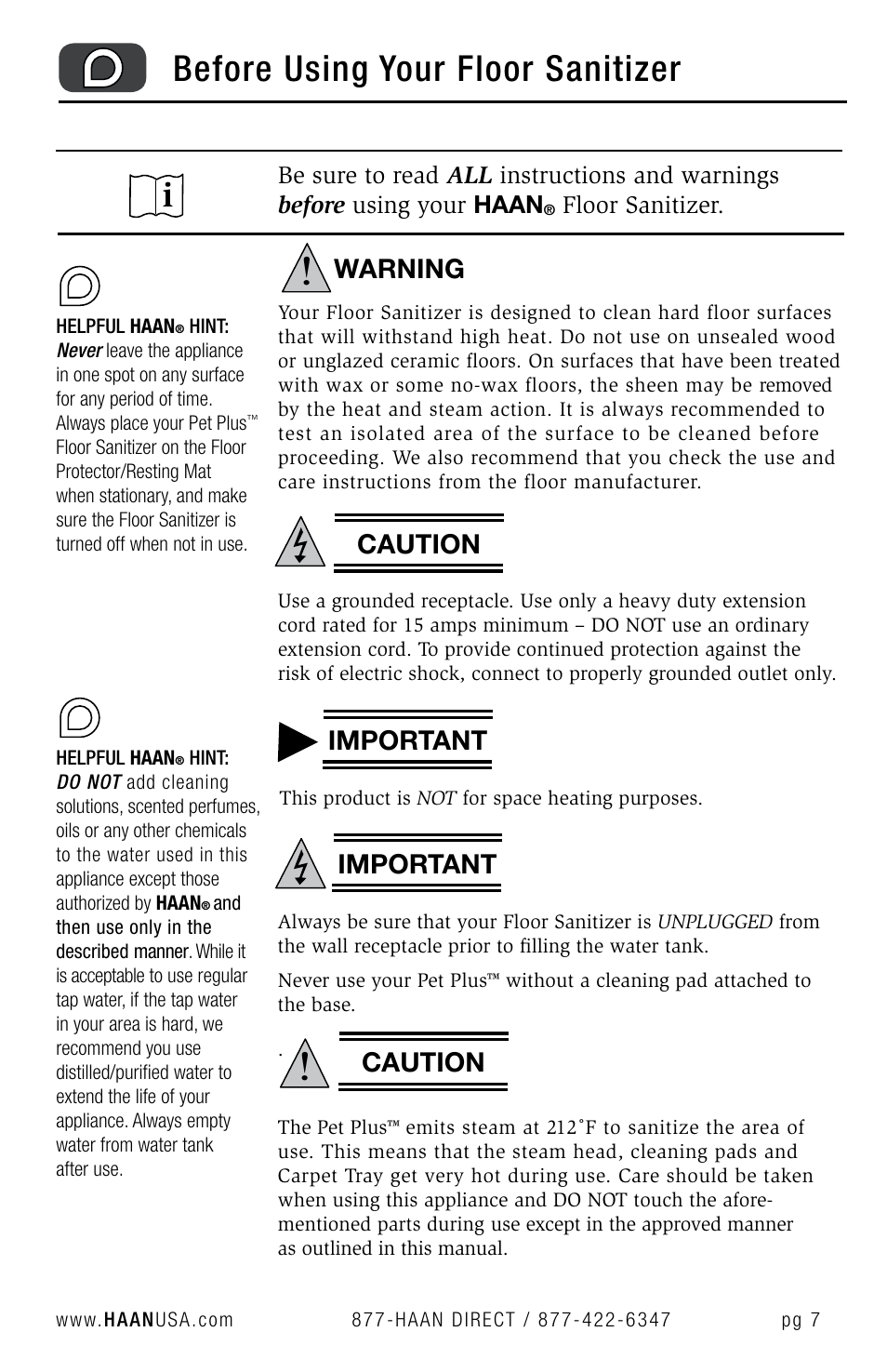 Before using your floor sanitizer | Haan FS-30P+ User Manual | Page 9 / 31