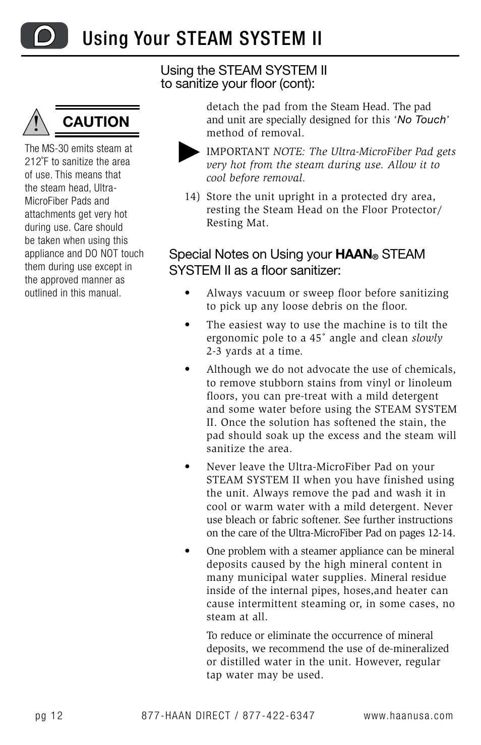 Using your steam system ii, Caution, Steam system ii as a floor sanitizer | Using the steam system ii | Haan MS-30 User Manual | Page 14 / 38