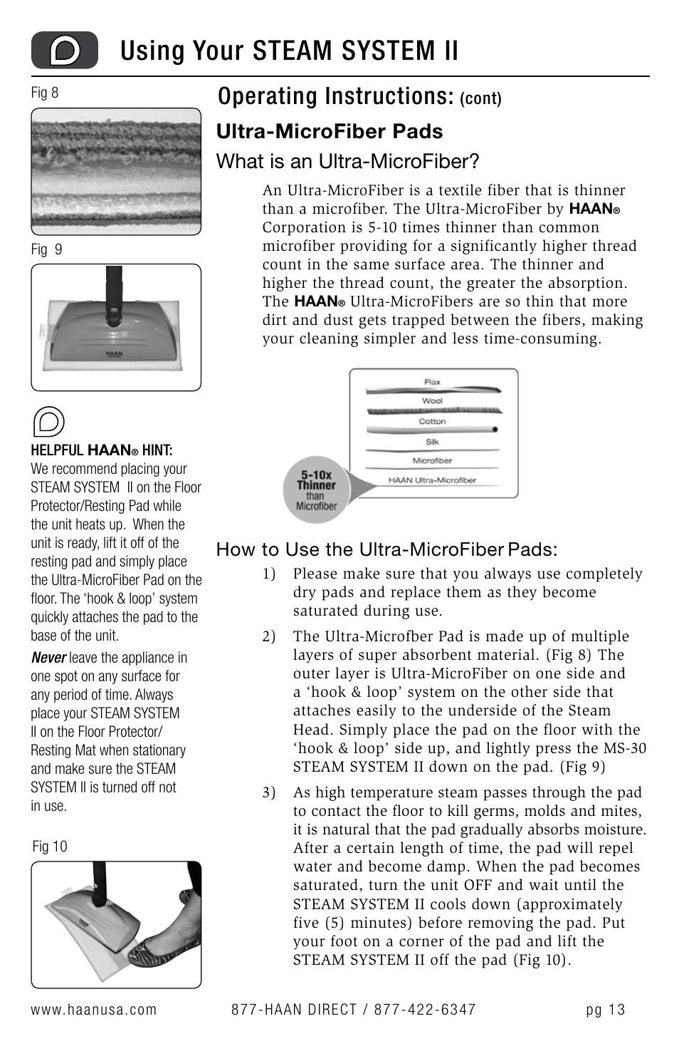 Using your steam system ii, Operating instructions, Ultra-microfiber pads what is an ultra-microfiber | How to use the ultra-microfiber, Pads | Haan MS-30 User Manual | Page 15 / 38
