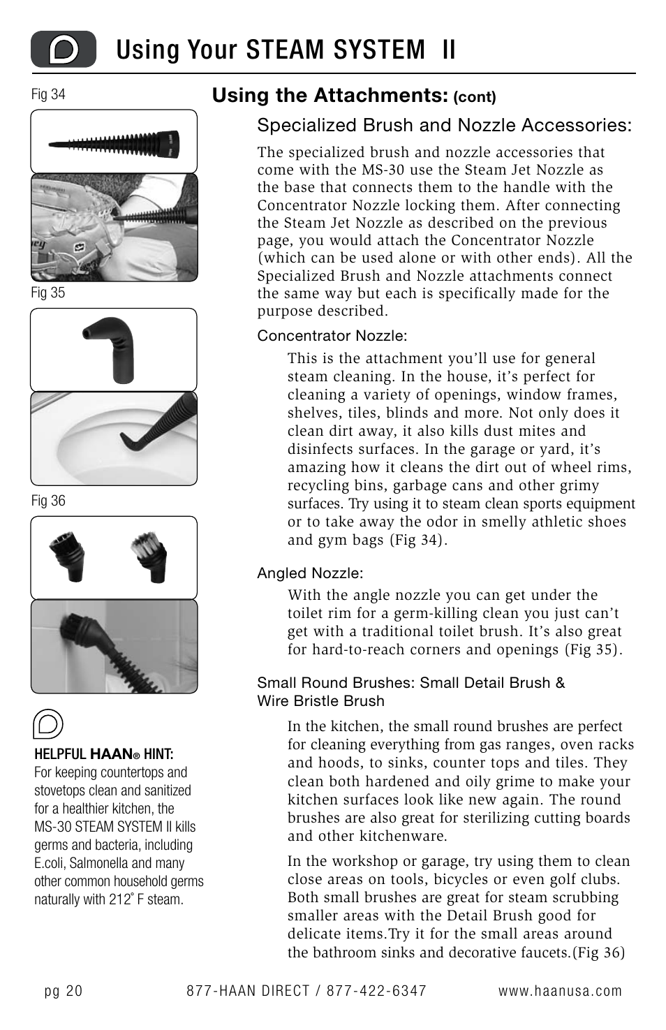 Using your steam system ii, Using the attachments, Specialized brush and nozzle accessories | Haan MS-30 User Manual | Page 22 / 38