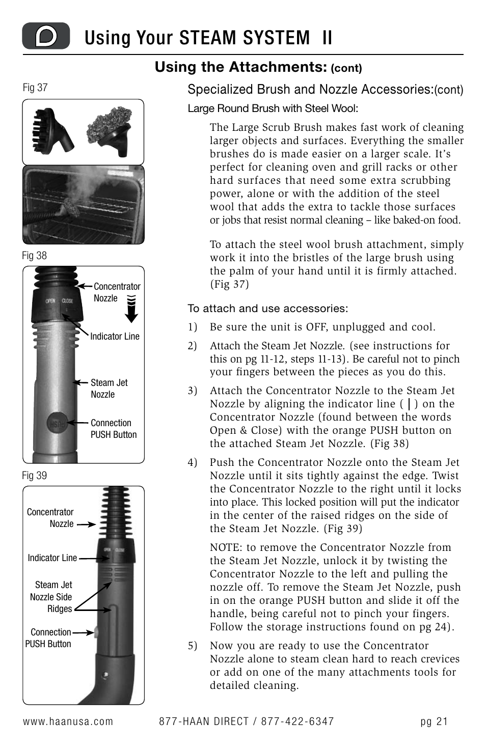 Using your steam system ii, Using the attachments, Specialized brush and nozzle accessories | Haan MS-30 User Manual | Page 23 / 38