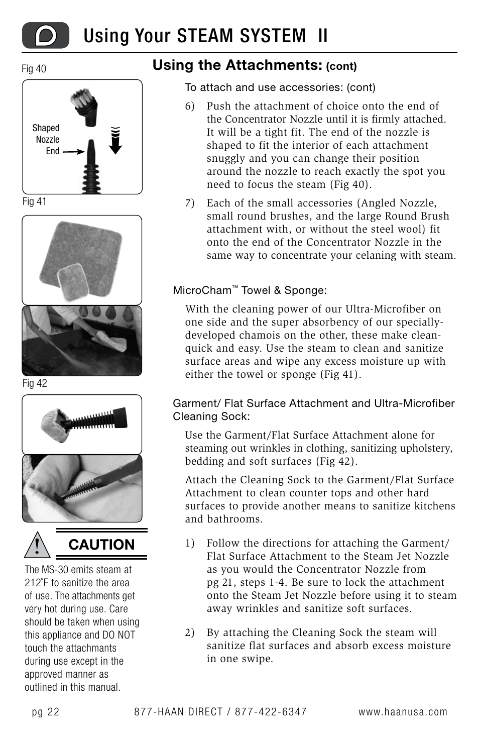 Using your steam system ii, Using the attachments, Caution | Haan MS-30 User Manual | Page 24 / 38