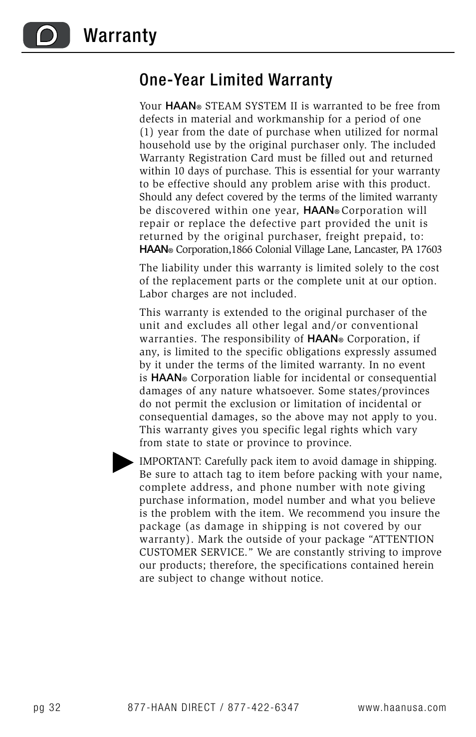 Warranty, One-year limited warranty | Haan MS-30 User Manual | Page 34 / 38
