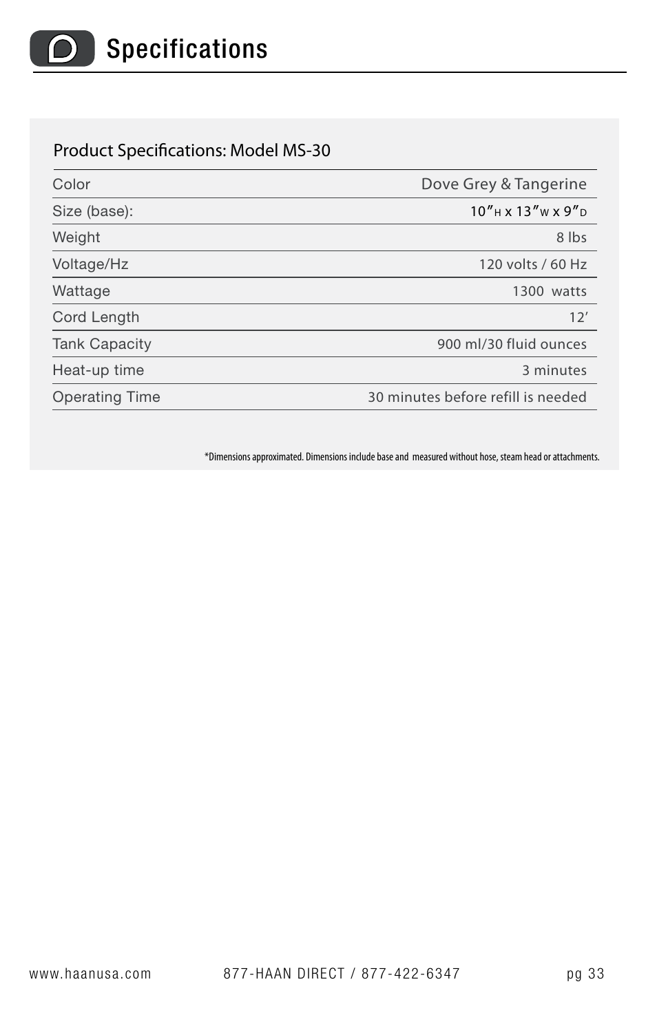 Specifications, Product specifications: model ms-30 | Haan MS-30 User Manual | Page 35 / 38