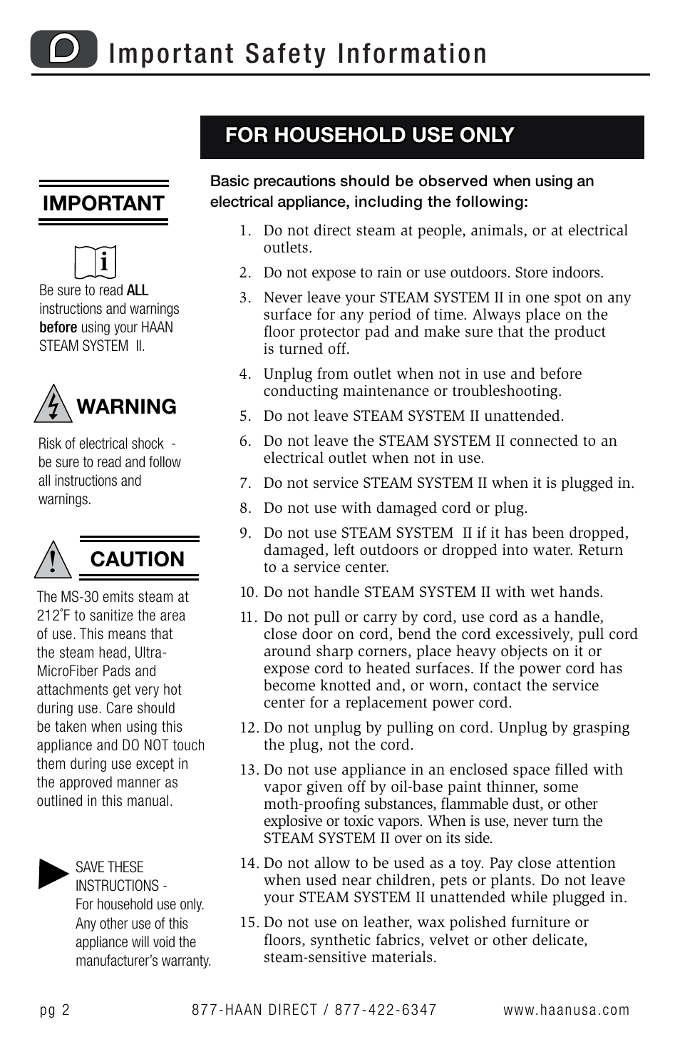 Important safety information, For household use only, Important | Caution, Warning | Haan MS-30 User Manual | Page 4 / 38