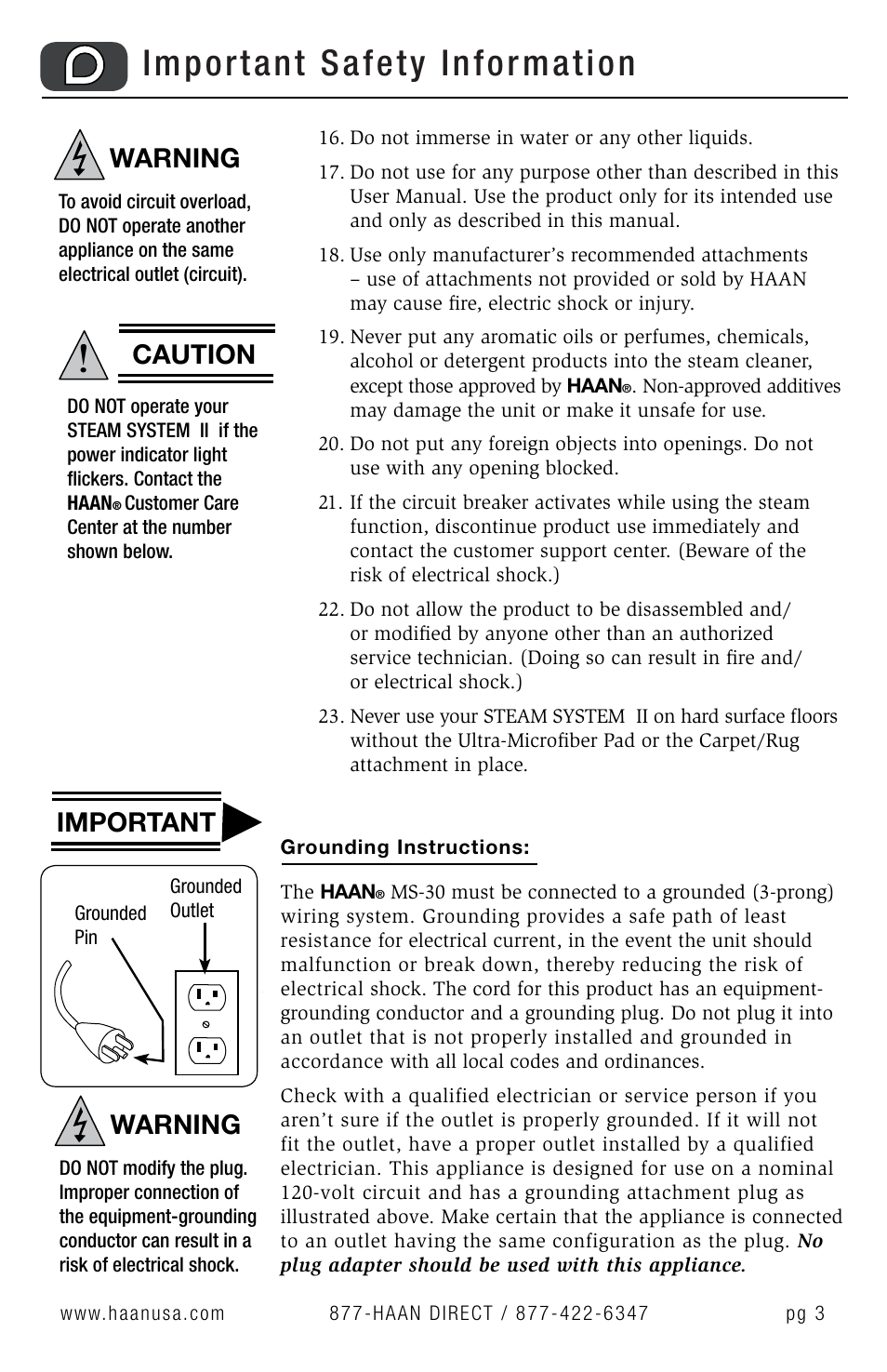 Important safety information, Warning important, Warning | Caution | Haan MS-30 User Manual | Page 5 / 38