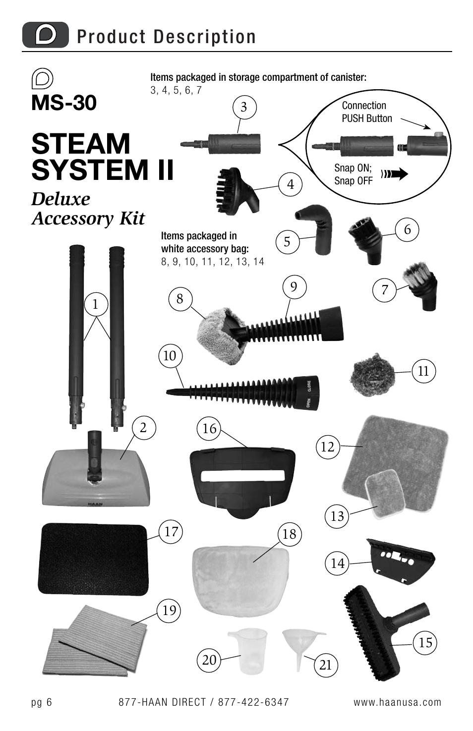Steam system ii, Ms-30, Deluxe accessory kit product description | Haan MS-30 User Manual | Page 8 / 38