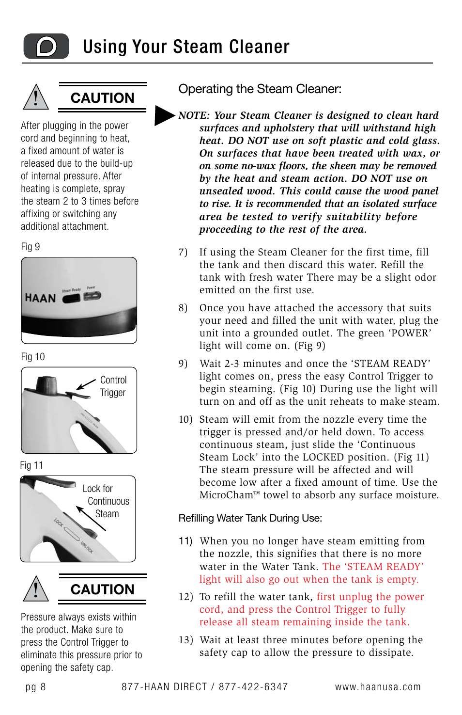 Using your steam cleaner, Caution, Operating the steam cleaner | Haan Sanitizing Steam Cleaner HS-20 User Manual | Page 10 / 21