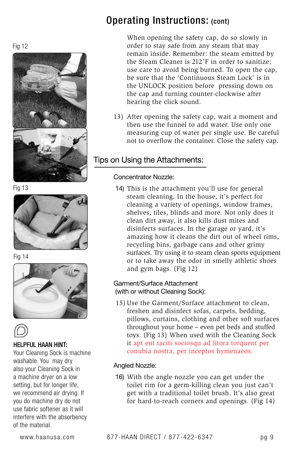 Operating instructions, Tips on using the attachments | Haan Sanitizing Steam Cleaner HS-20 User Manual | Page 11 / 21