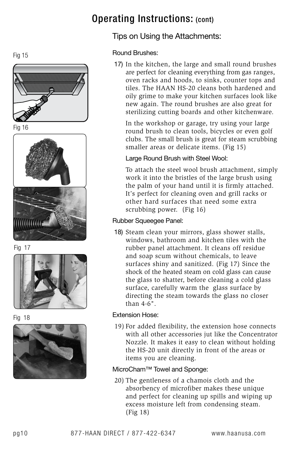 Operating instructions, Tips on using the attachments | Haan Sanitizing Steam Cleaner HS-20 User Manual | Page 12 / 21
