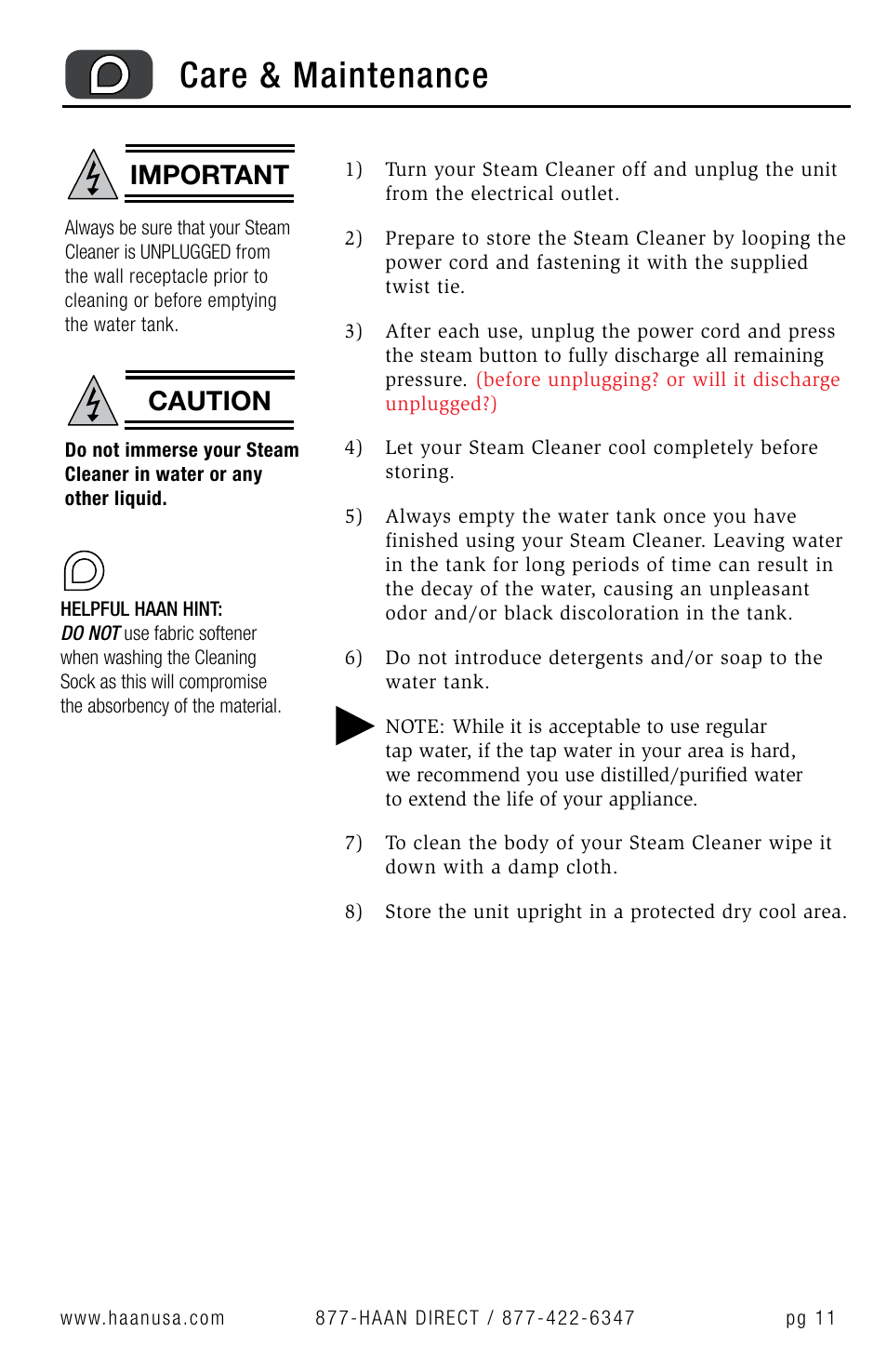 Care & maintenance, Important, Caution | Haan Sanitizing Steam Cleaner HS-20 User Manual | Page 13 / 21