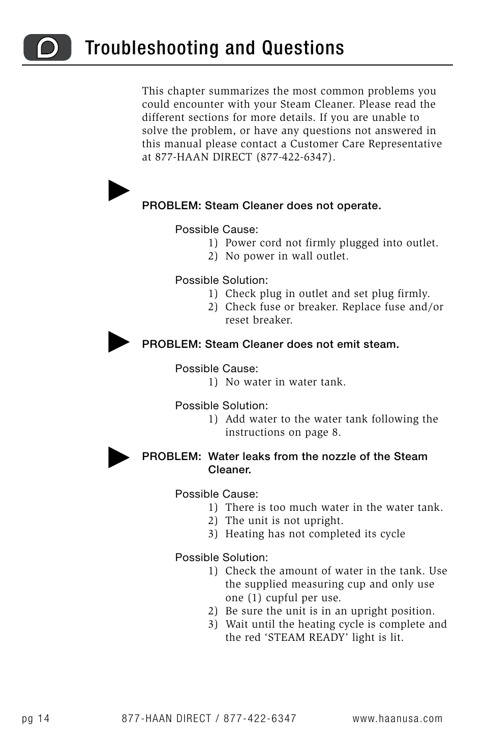 Troubleshooting and questions | Haan Sanitizing Steam Cleaner HS-20 User Manual | Page 14 / 21